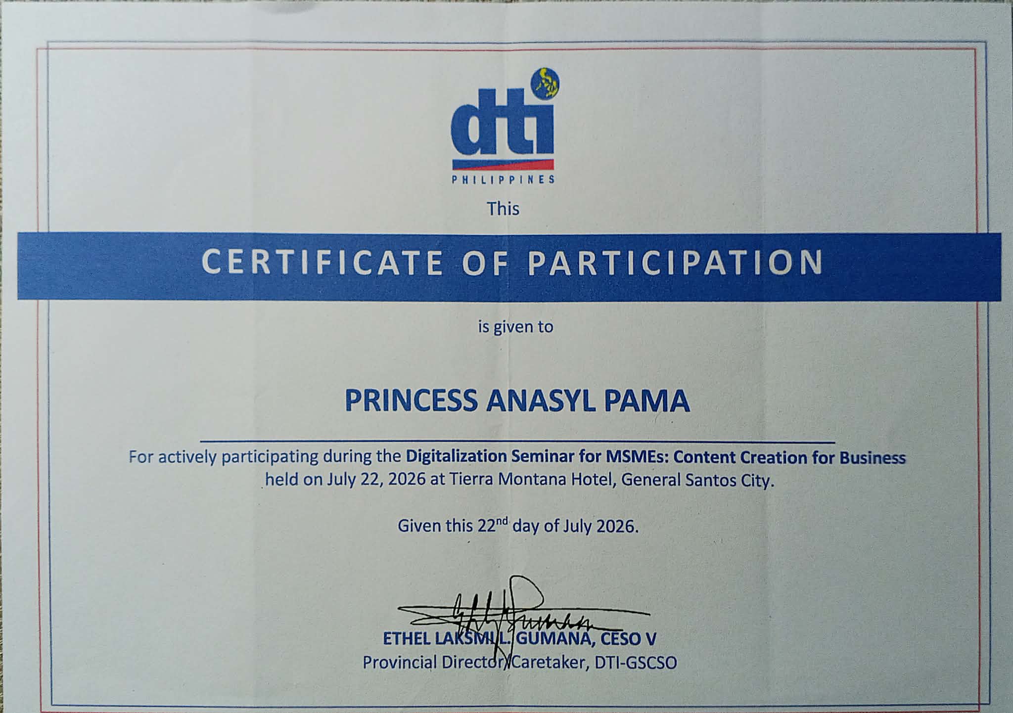 DTI Philippines certificate of participation awarded to Princess Anasyl Pama